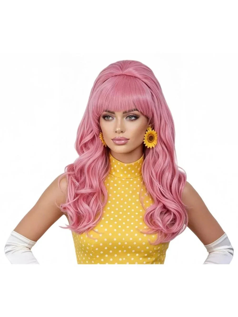Women's Pink Heat Resistant Synthetic Fiber Retro Long Wavy Wigs Bangs